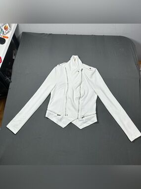 Women's White Textured Moto Jacket Asymmetric Zip Shoulder Epaulettes Size S
